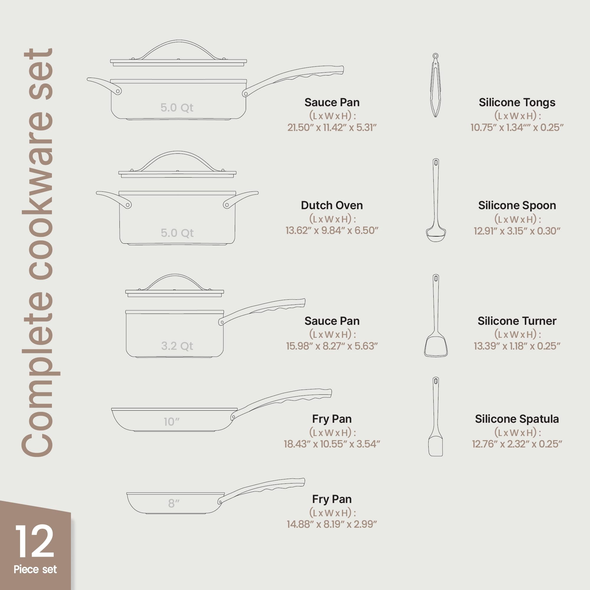 Bakken 12-Piece Aluminum Cookware Set with Ceramic Nonstick, All-Stovetop Safe to 500°F, Pots & Pans with Lids, Silicone Utensils, Dishwasher Safe