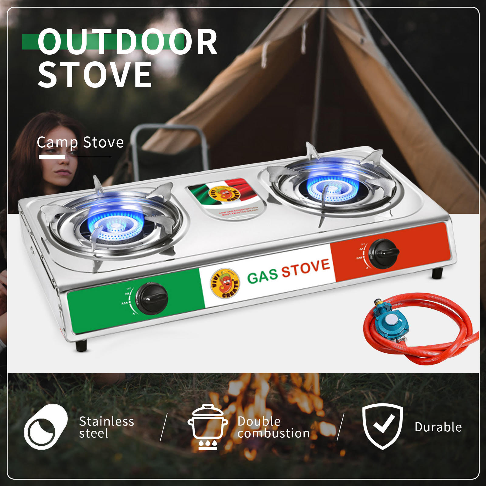 GOLDDOMUS 2 Burner Gas Propane Outdoor Cooker Camping Picnic Stove Stand BBQ Grill, Silver