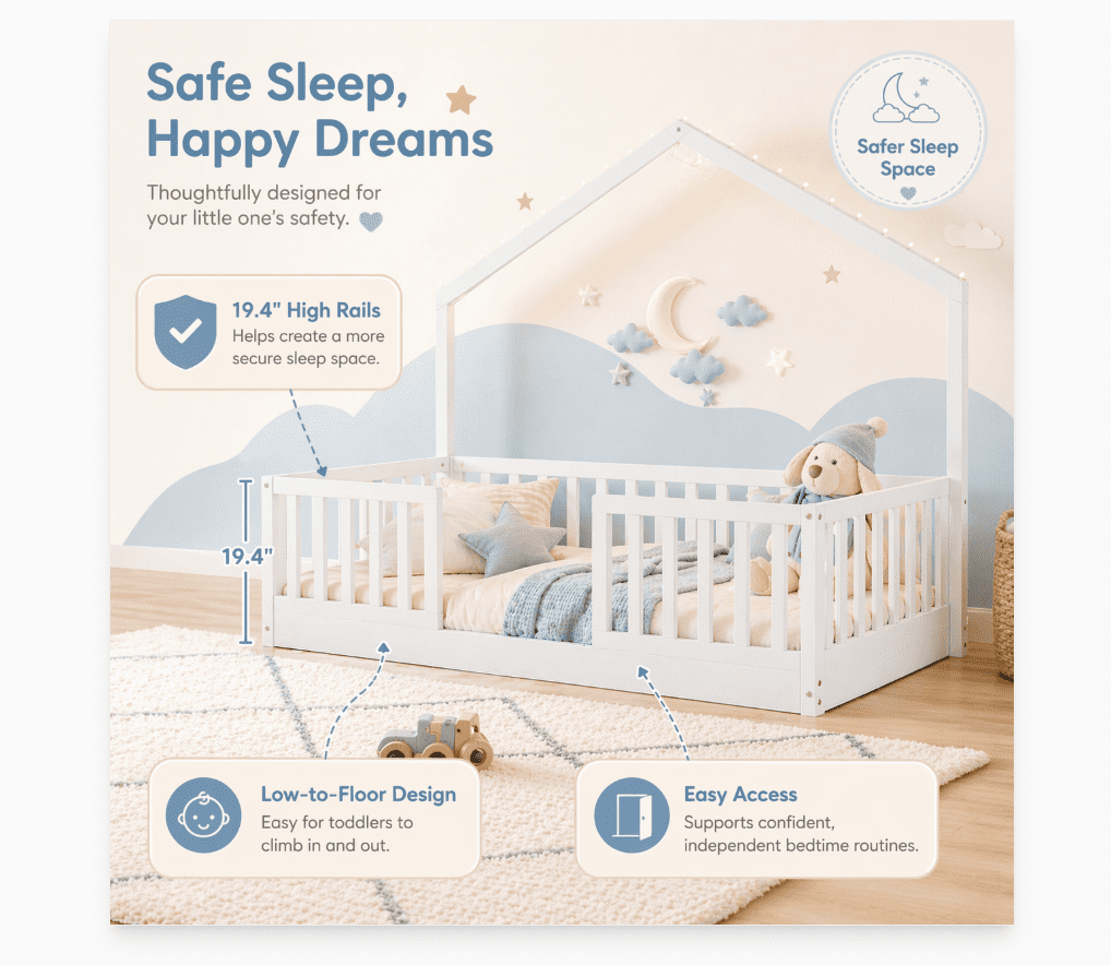 Mirightone Twin Floor Bed with High Rails, Wooden Montessori Bed Frame with Single Color Light and House Shape Design, Low Profile Beds, twin bed frames white