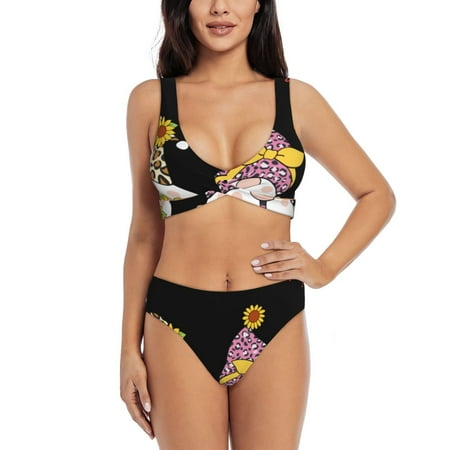 Zeuib Have a Nice Day High Waisted Tummy Control Bikini Set - Knot Front Push Up Top & Cheeky Thong Bottom  Two-Piece Swimsuit for Women-Large