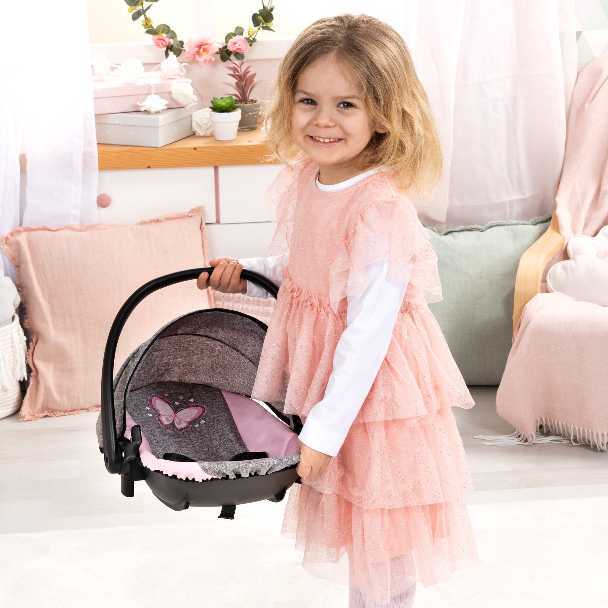 Bayer Design: Doll 4-In-1 Vario - Grey-Pink-Butterfly - Convertible Toy: Highchair-Swing-Bed-Car Seat, All-In-1 Care Accessory Fits 18" Dolls, Kids 3+