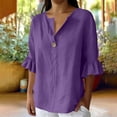 thumbnail image 4 of Naotn Ruffle 3/4 Sleeve Linen Shirts for Women Summer Casual Solid Color Button V Neck Tunic Tops, 4 of 8
