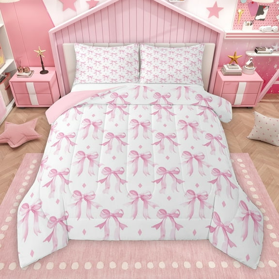 Manfei Pink Kawaii Bow Bedding Comforter Set, Cute Watercolor Stars Ribbon Twin Comforter Sets, Teens Kids Girls Women Reversible Bedding Set, Microfiber Bedroom Decor, 2 Pieces