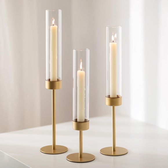 Glass Hurricane Candlestick Holders Gold - Romade