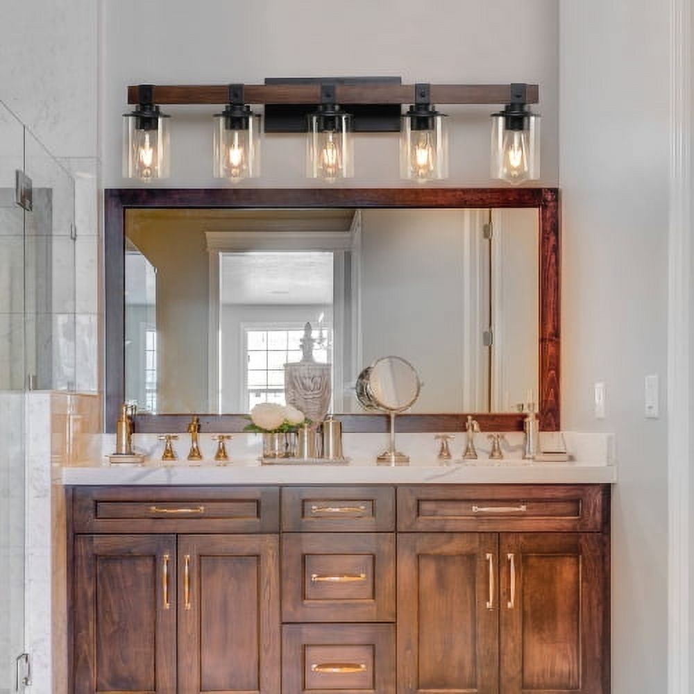 ACE-LIGHTS,5-Lights Farmhouse Rustic Bathroom Light Fixture with Glass Lampshade(Bulbs Not Included),Vanity Lights Fixture for Bathroom,Dressing Room,Bedroom,Living Room(Black)