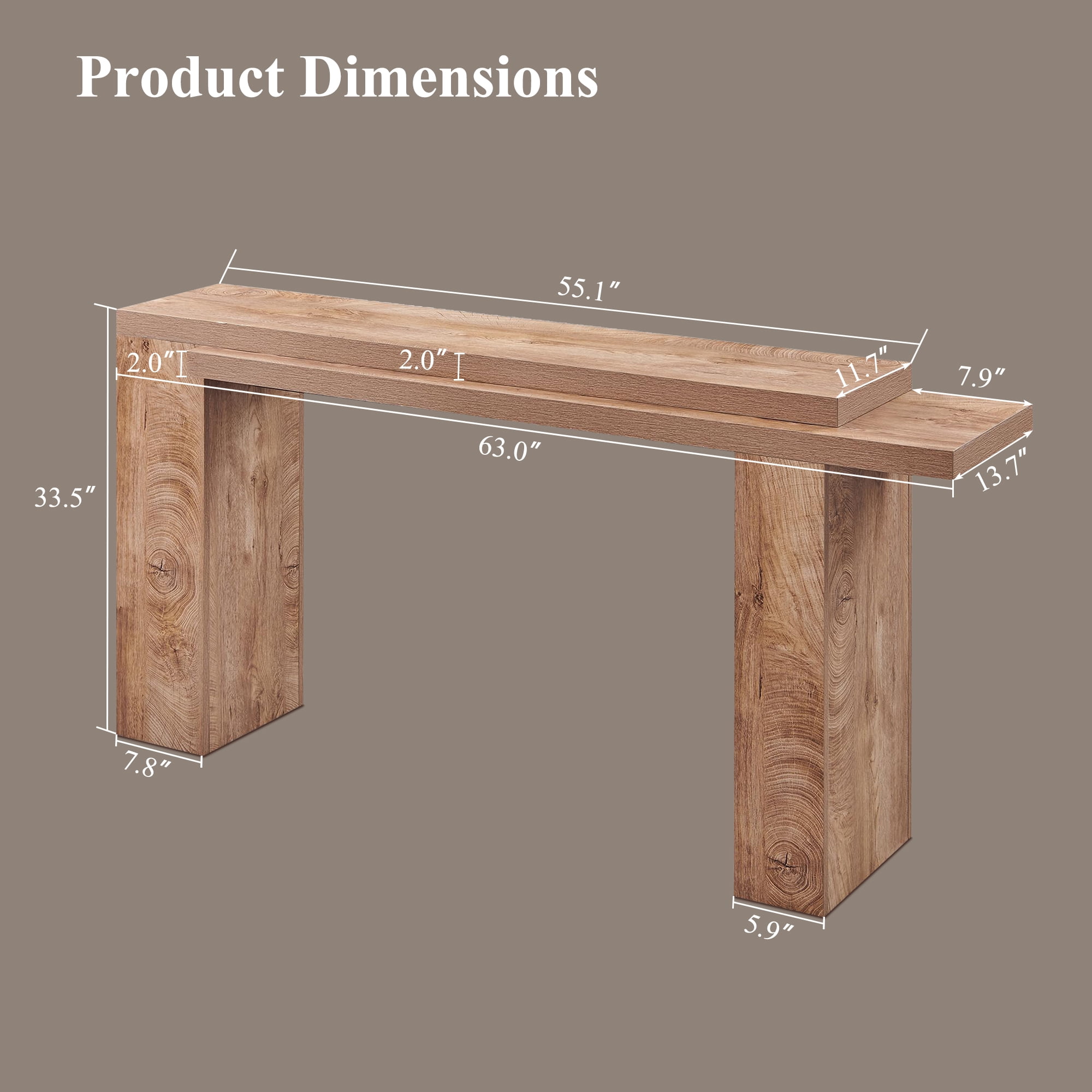 KeyWhat 63" Entryway Console Table, Wooden Modern Sofa Table Behind Couch, Dual-Level Countertop Design for Hallway, Entryway, Living Room, Light Knotty Oak