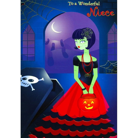 Designer Greetings Green Monster Girl with Red Lipstick and Dress Halloween Card for Teenager : Teen Niece