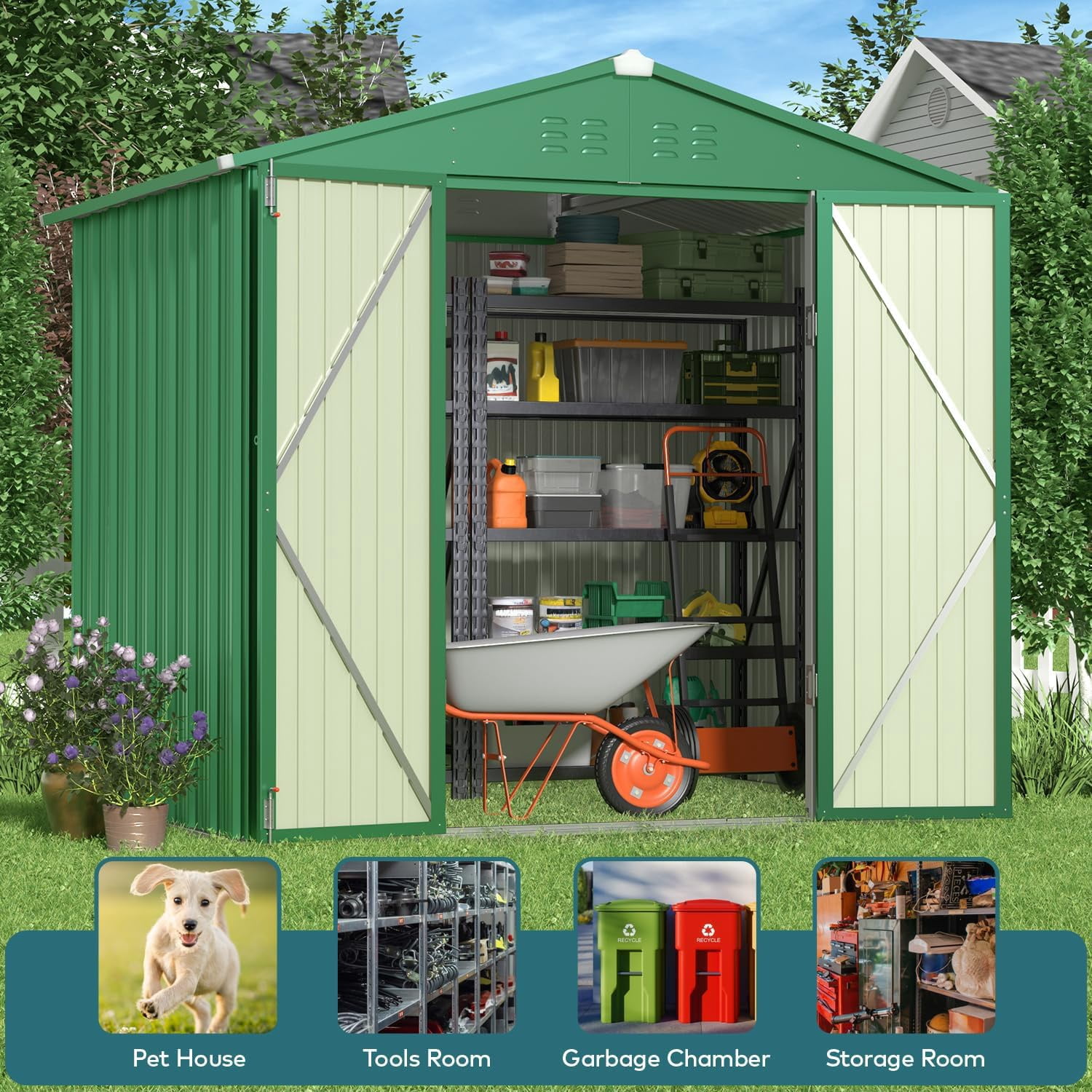 Lofka 8 x 6 ft. Outdoor Metal Storage Shed with Lockable Door for Backyard, Green Storage Shed