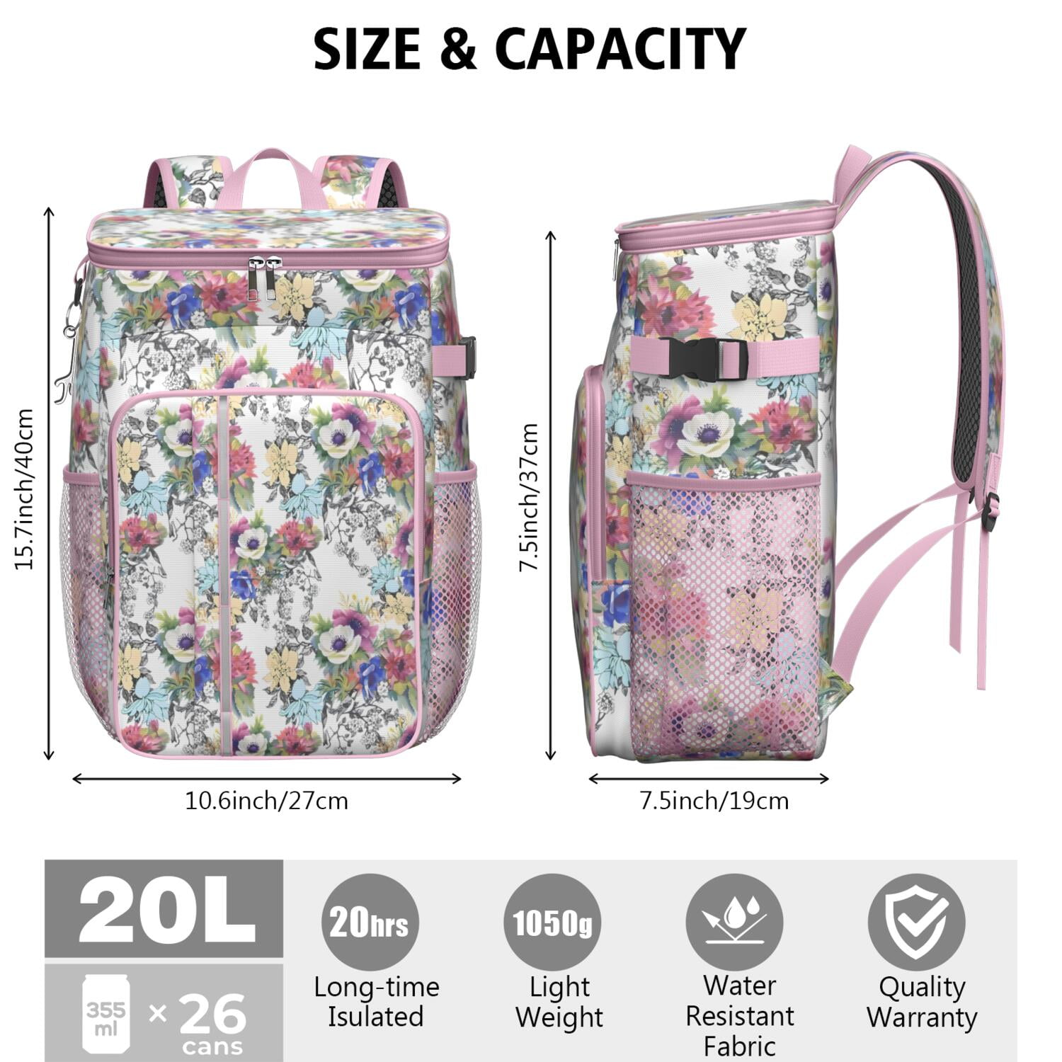 Travel Cooler Bag - Pioneer Flower Floral Print Pattern Camping Beer Cooler Backpack with Bottle Opener- Waterproof Insulated Picnic Backpacks - Cooler Bag for Beach