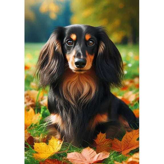 Dachshund Longhair Black/Tan -  Best of Breed DCR Falling Leaves Garden Flag 12" x 17"