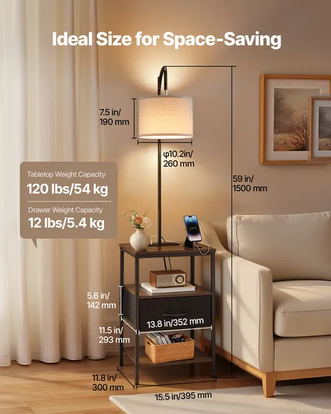 Floor Lamp with Table, 3-Tier End Table with Drawer and 3 Color Temperature Lighting, Modern Side Nightstand Bedside Desk with USB & Type C & AC Charging Port for Living Room, Bedroom, Dorm