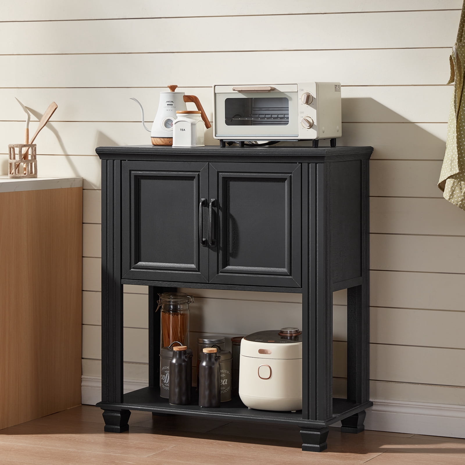 Buildhom Farmhouse Coffee Bar Cabinet with 2 Doors & Open Shelf, Kitchen Storage Station for Dining Room, Living Room, Black