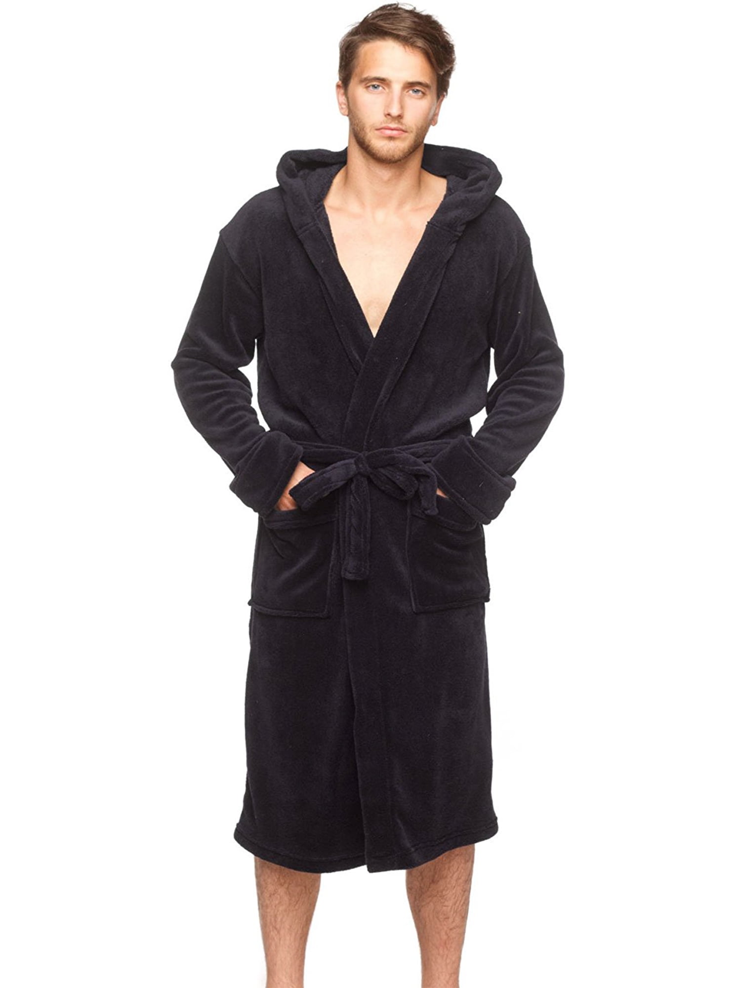 Wanted Mens Bathrobe Hooded Robe Plush Micro Fleece with Front Pockets