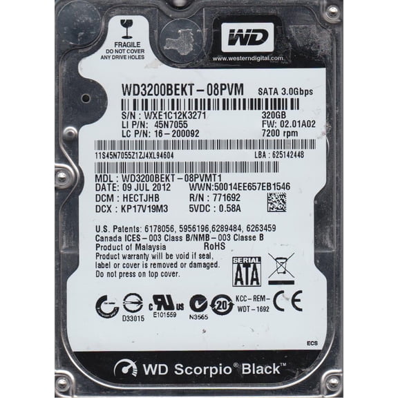 WD3200BEKT-08PVMT1, DCM HECTJHB, Western Digital 320GB SATA 2.5 Hard Drive