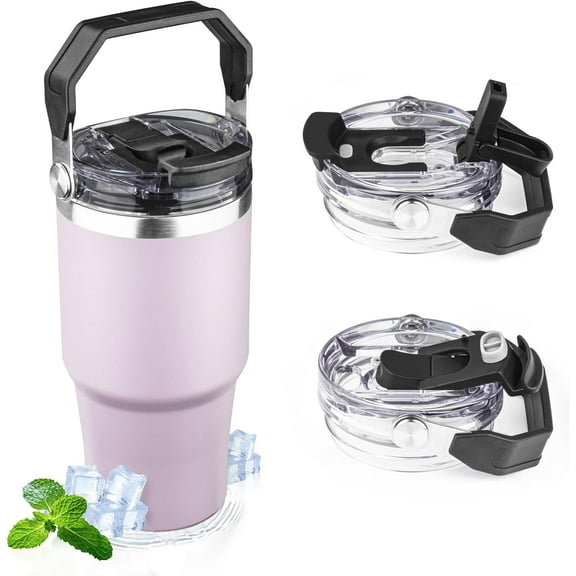 20oz Tumbler with Handle and Flip Straw Lid Double Wall Insulated Travel Coffee Mug Stainless Steel Vacuum Insulated Coffee Tumbler Cup for Hot and Cold Beverages,Leak-proof&BPA-free (20oz,Purple)