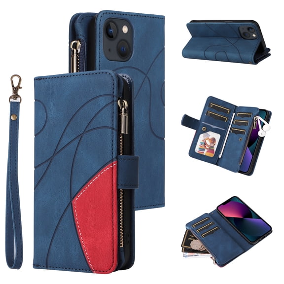 Wallet Case for iPhone14 Plus, PU Leather 9 Card Slots with 1 Zipper Storage Bag Shockproof Cover for iPhone14 Plus
