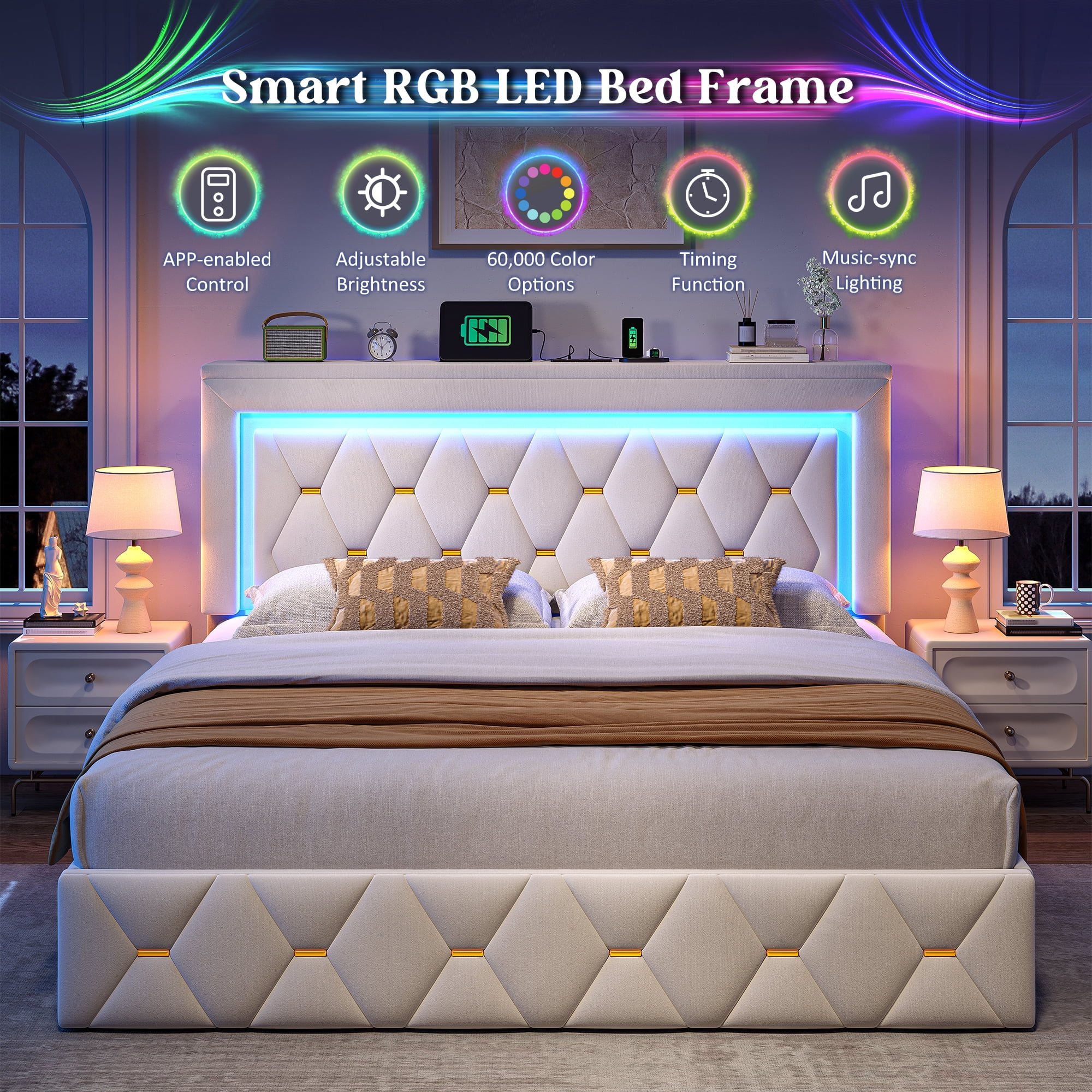 EnHomee Queen Size Bed Frame with 4 Storage Drawers Upholstered Bed with LED & Charge Station,Beige