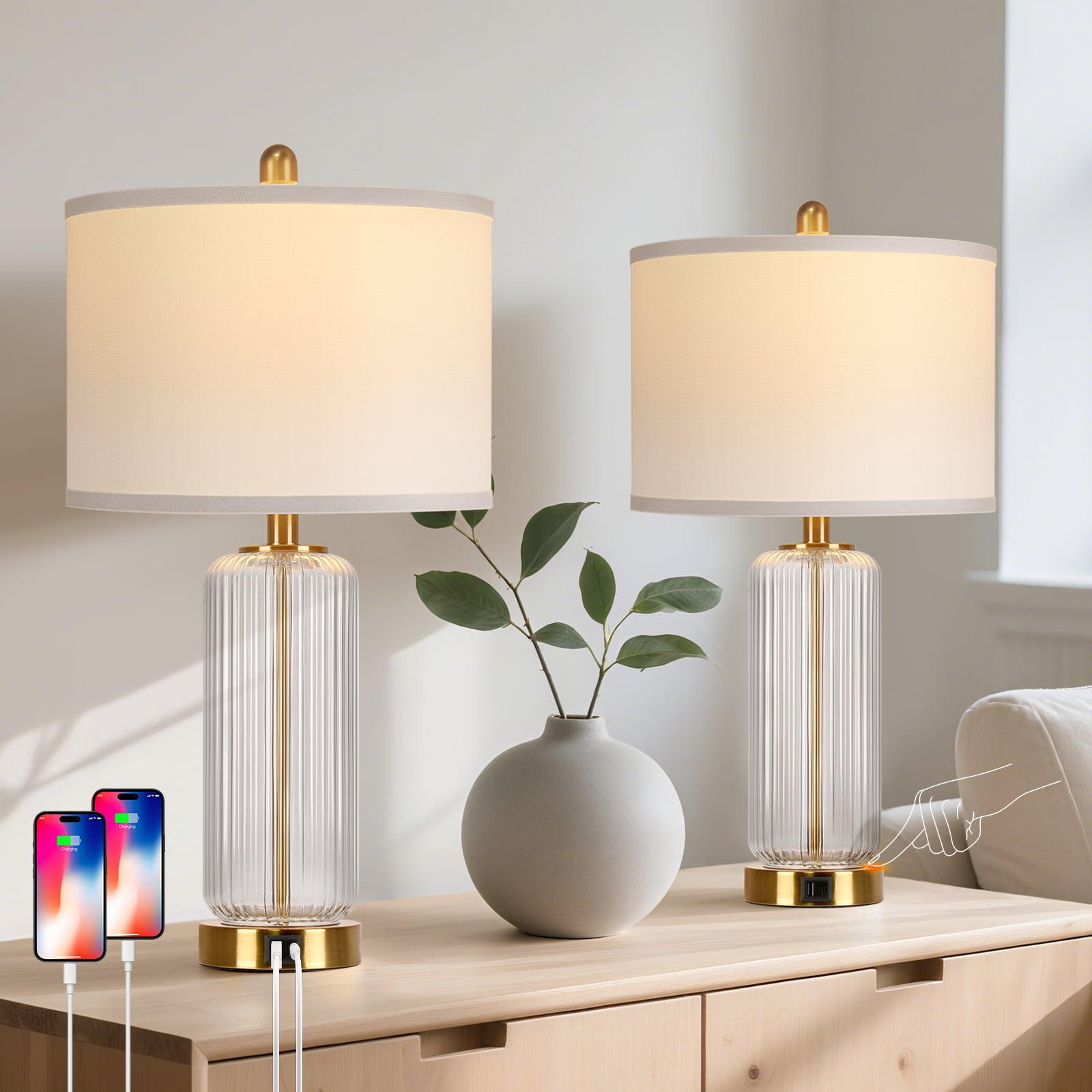 27" Modern Glass Table Lamps with USB A+C Ports, Clear Bedside Lamps Desk Lamps for Bedroom
