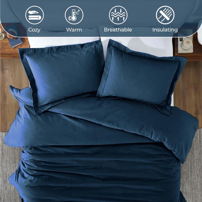 Superior Cotton Flannel Solid Duvet Cover Set, King/California King, Navy Blue