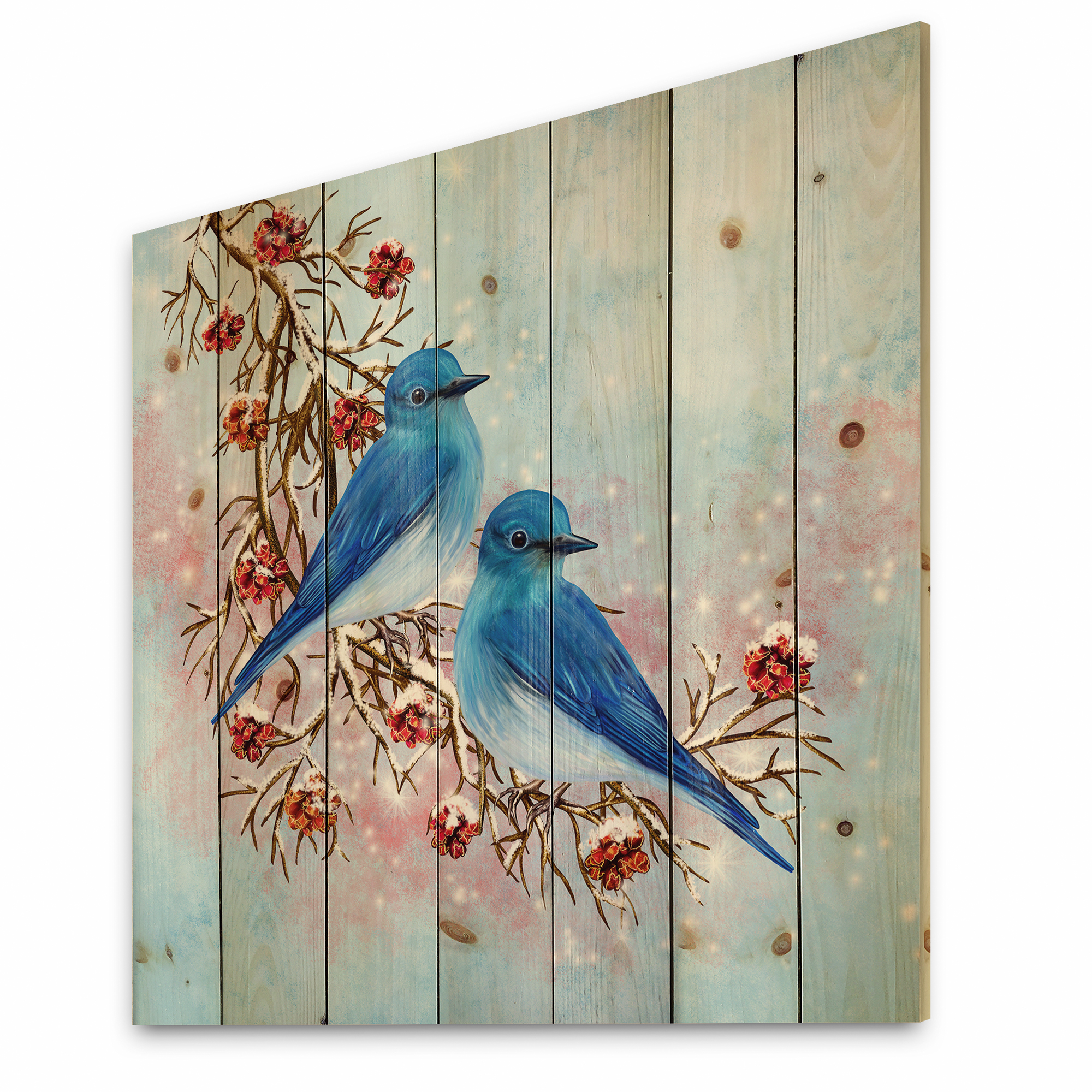 Designart 'Two Blue Birds Sitting On A Branch With Berries In Winter' Traditional Print on Natural Pine Wood