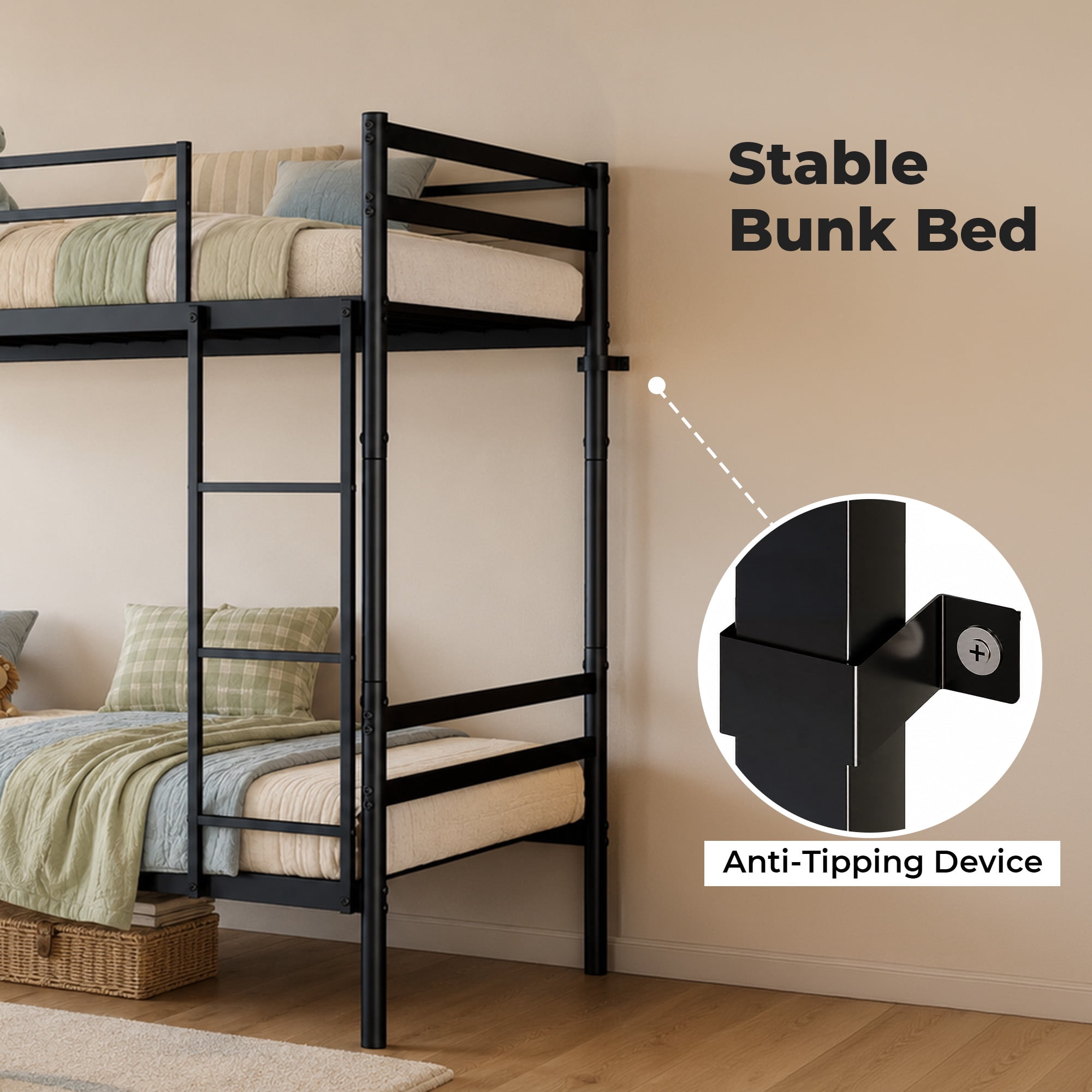 Alvantor Bunk Bed Twin over Twin, Metal Bunk Bed for Kids with Ladder and Anti-tip Bracket, Converted Into 2 twin bed Black