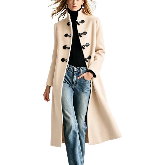 Womens Winter Coats Solid Color Long Stand Collar Duffle Coat with Pockets Trendy Winter Loose Fit Casual Outerwear for Commuting