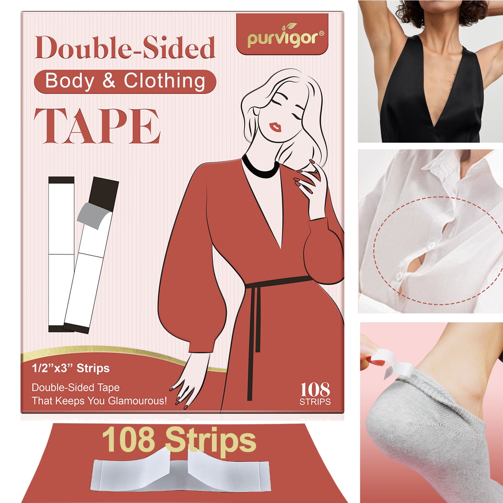 Purvigor 108 Strips Clothing Tape Invisable Straps for Sagging Necklines  Skin Safe and Gentle Move with Confidence