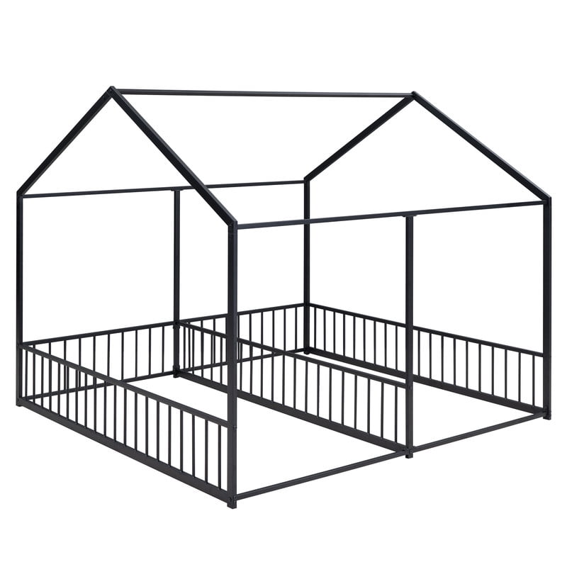 Mirightone Twin Size House Bed for 2 , Double Floor Bed for Twins, Two Shared Beds, Twin House Platform Beds, Metal Floor Bed Frame. (Black)