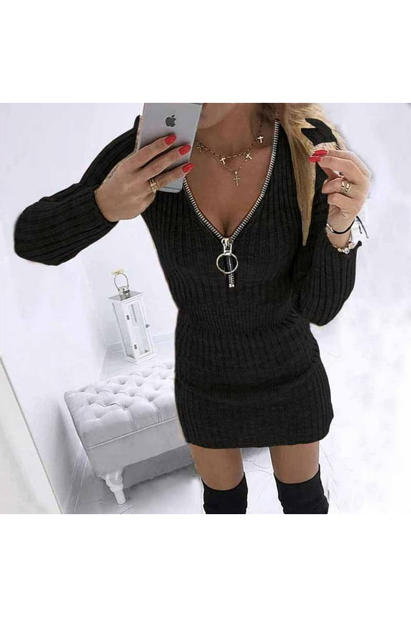 Women's Elegant Solid Color Office Mini Dress Sexy V Neck Zipper Waist Long Sleeve Package Hip Skirt