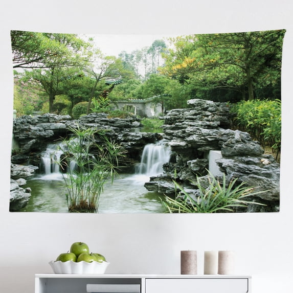 Japanese Tapestry, Sakura Flowers Trees in Spring Garden Landscape Floral Pink Blossom Pattern, Fabric Wall Hanging Decor for Bedroom Living Room Dorm, 2 Sizes, Pink and Green, by Ambesonne