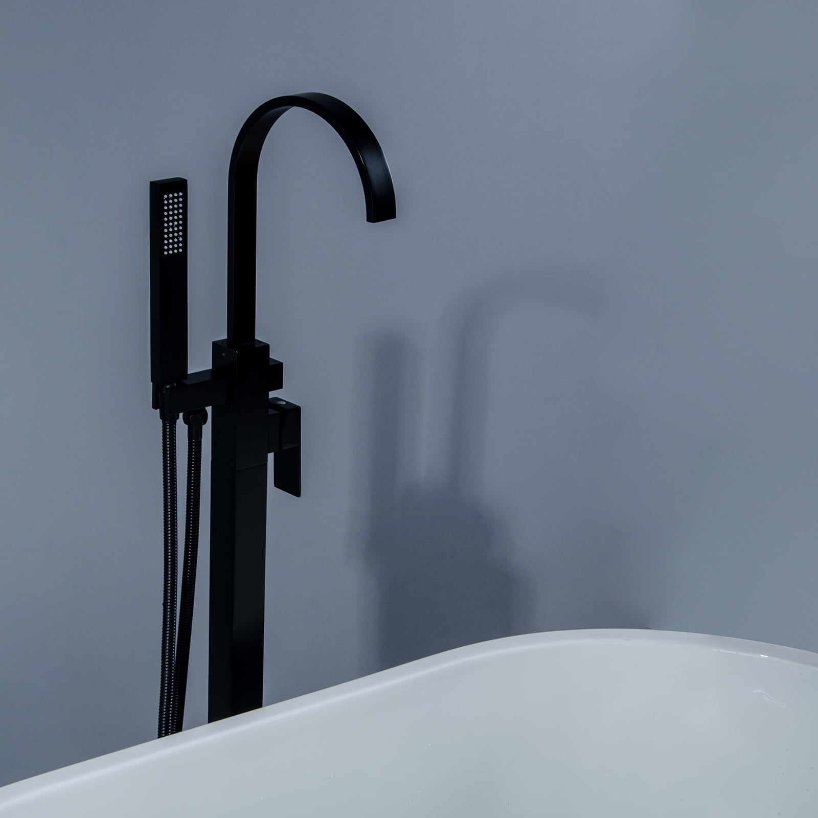 BWE Waterfall Spout Freestanding Floor Mounted Bathtub Faucet with Hand Shower Single Handle Bathroom Faucet with Handheld Sprayer in Matte Black Floor Mount Tub Filler Leadless Solid Brass
