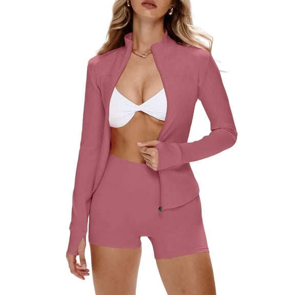 OIOLOYJM 2 Piece Workout Sets for Women Zipper Long Sleeve Mock Neck Jacket Y Back Sports High Waist Athletic Shorts Yoga Gym Sets Hot Pink M