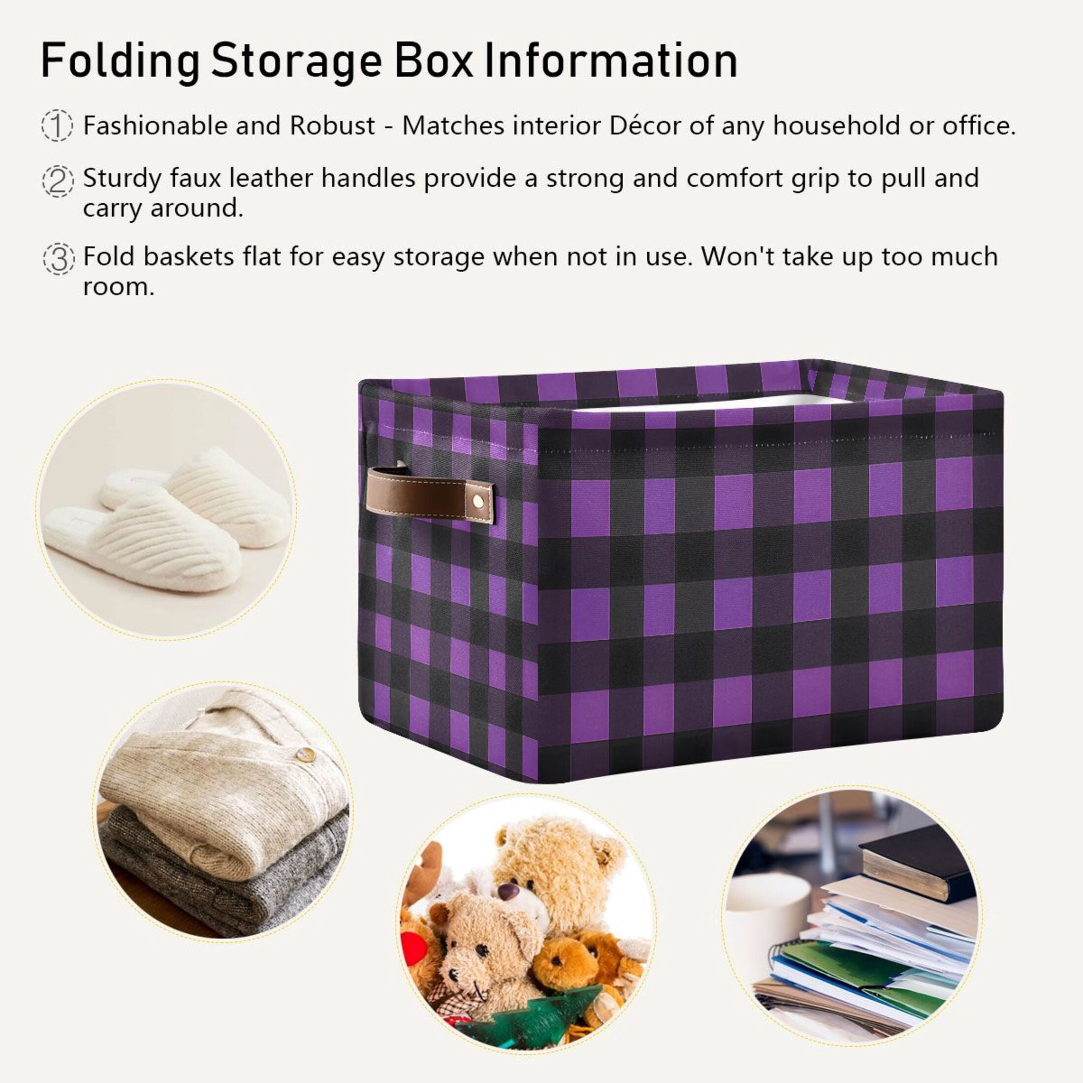 Ryvnso Purple Checkered Grid Pattern Storage Basket Large Bin Foldable Boxes Toys Organizer 14.2x10.2x8.3in 2 PCs