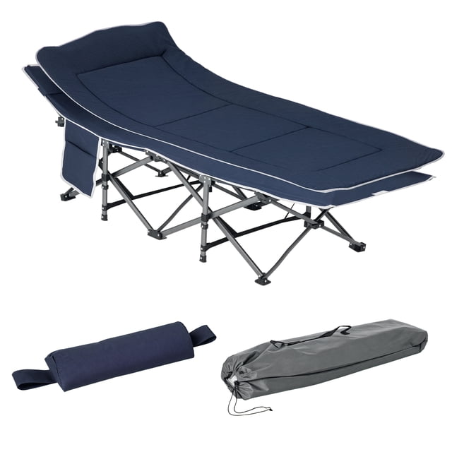 Outsunny Folding Camping Cot for Adults with Mattress Pillow Dark Blue