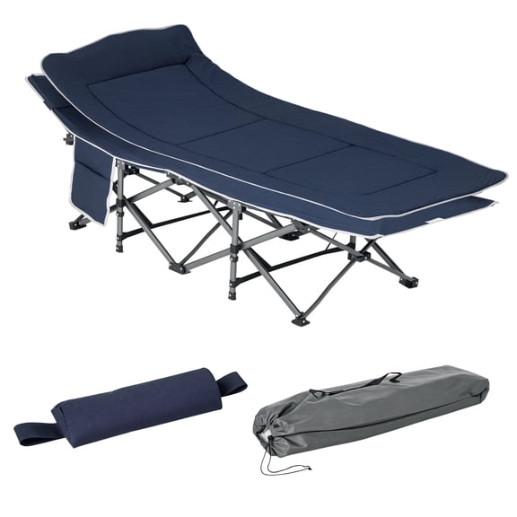 Outsunny Folding Camping Cot for Adults with Mattress Pillow Dark Blue