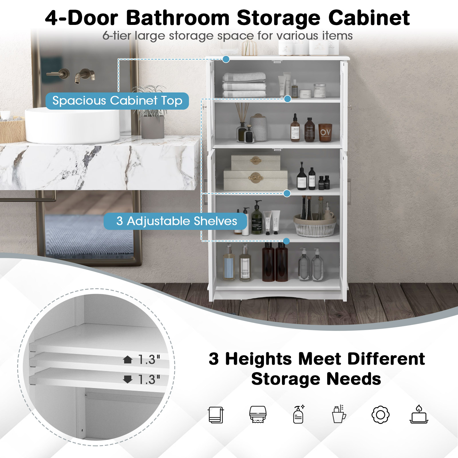 Giantex Bathroom Floor Storage Cabinet, Freestanding Linen Cabinet w/3 Adjustable Shelves, White