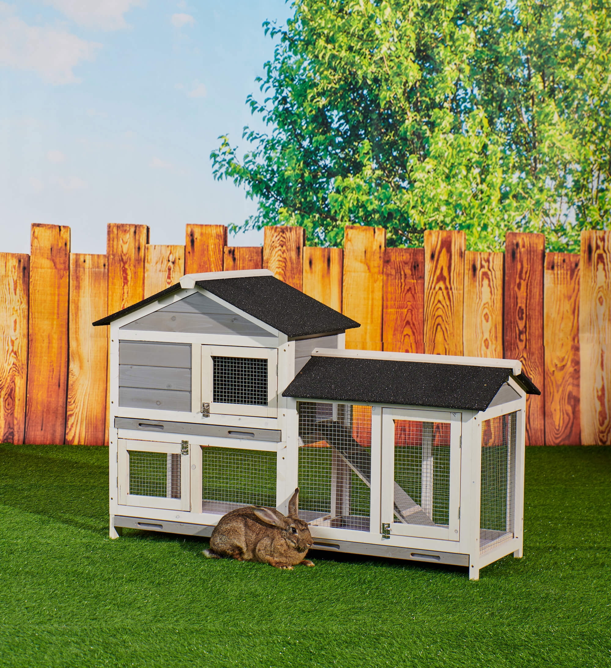 Private Jungle Outdoor Indoor Wooden Bunny Hutch, Roof Waterproof Rabbit Cage Chicken Coop with Stairs & Cleaning Tray, 58" x 21.9" x 37", Gray Private Jungle Outdoor Indoor Wooden Bunny Hutch, Roof Waterproof Rabbit Cage Chicken Coop with Stairs & Cleaning Tray, 58" x 21.9" x 37", Gray