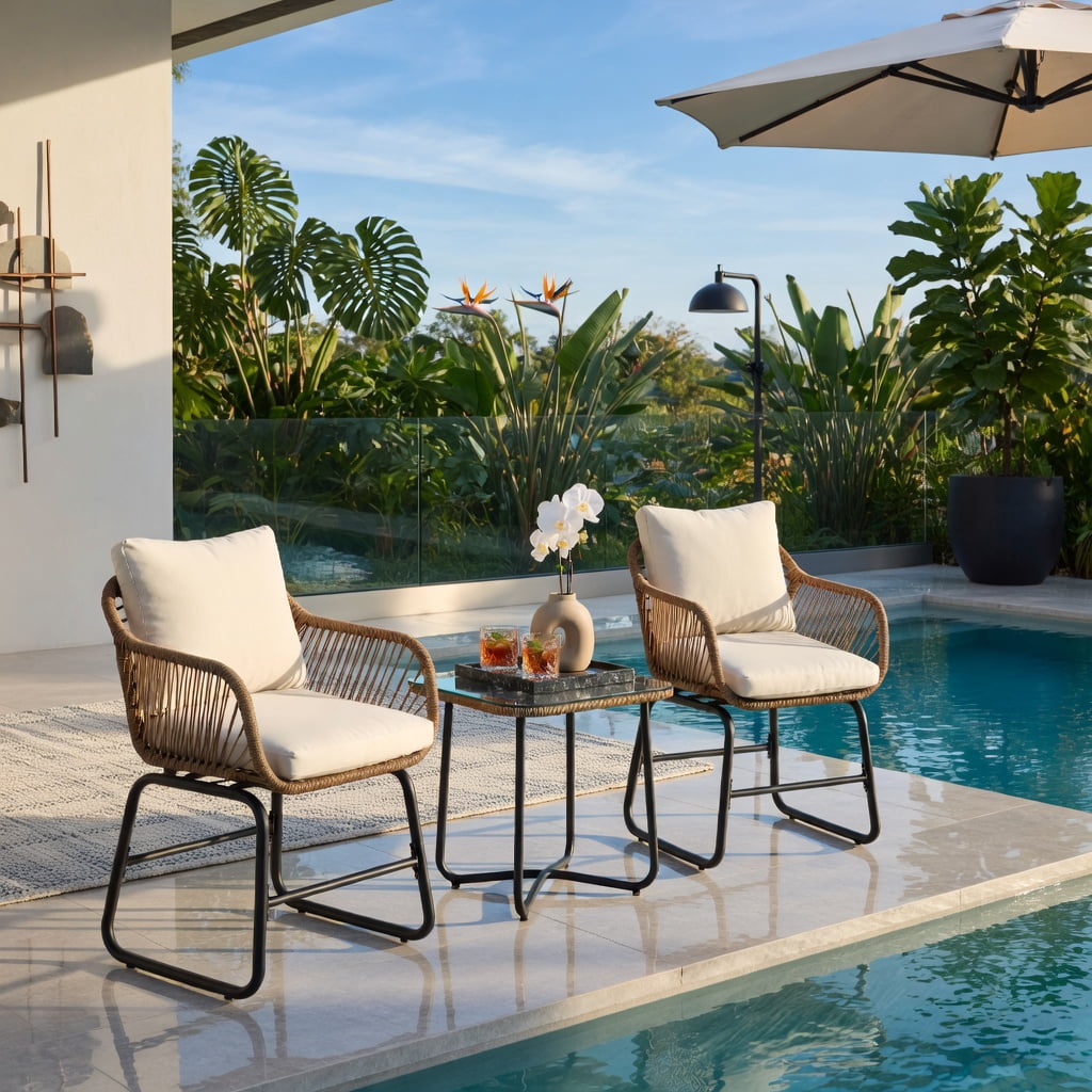 Hommoo 3-Piece Outdoor Bistro Set, PE Rattan Chairs with Square Tempered Glass Coffee Table, Includes Cushions & Lumbar Pillows for Patio, Balcony & Garden, White