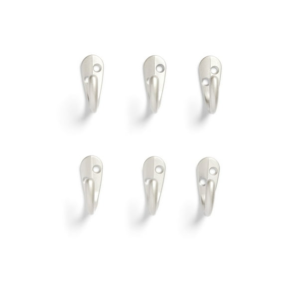 Mainstays, Satin Nickel Metal Hooks, Clutter-Free Hooks for Hanging Towels and Coats, 10 lbs Capacity, 6 Pack