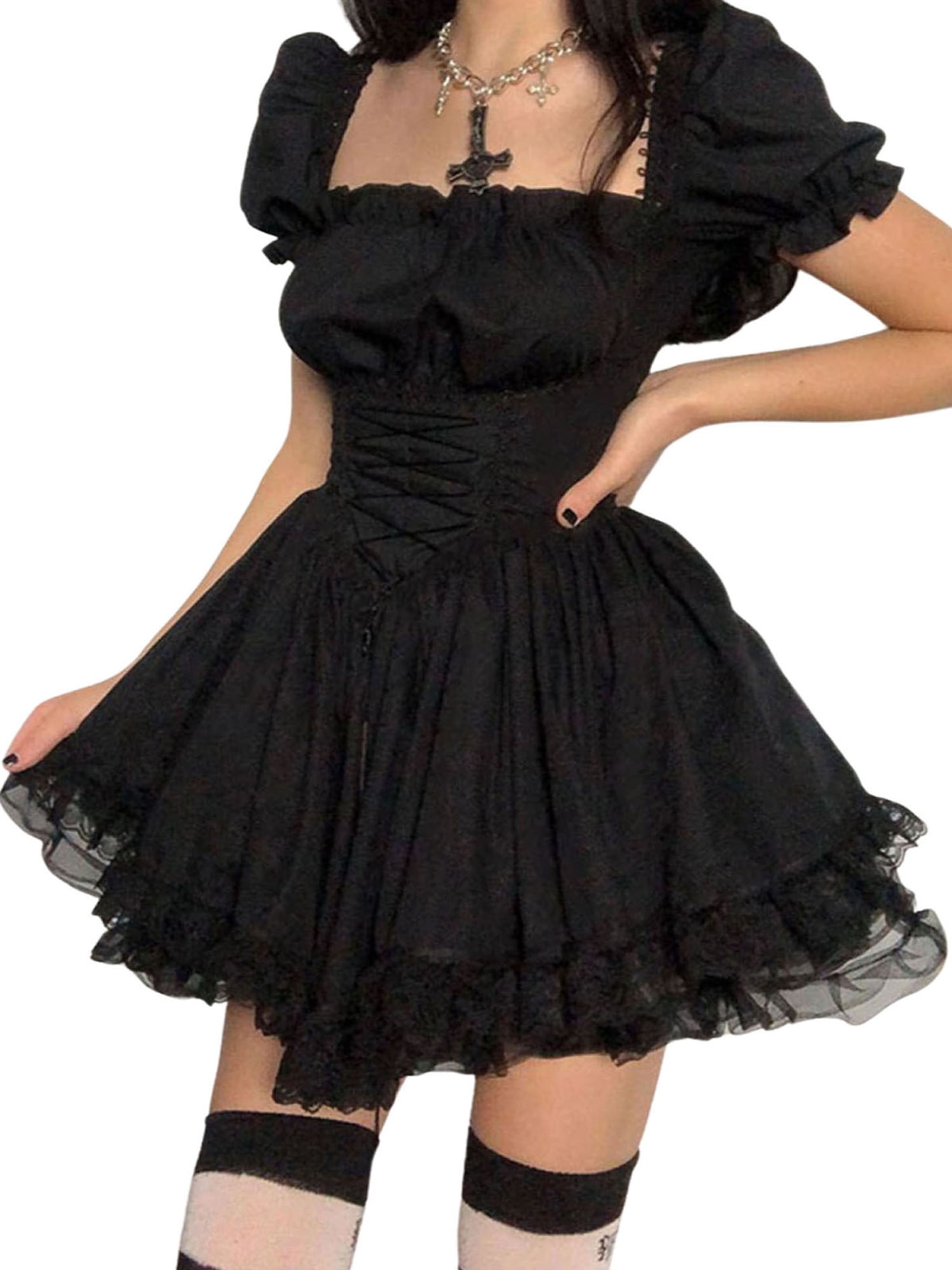 Lolita Spaghetti Strap Backless White Lace Black Bodycon Dress Prom Party Club Dresses Chic Dress