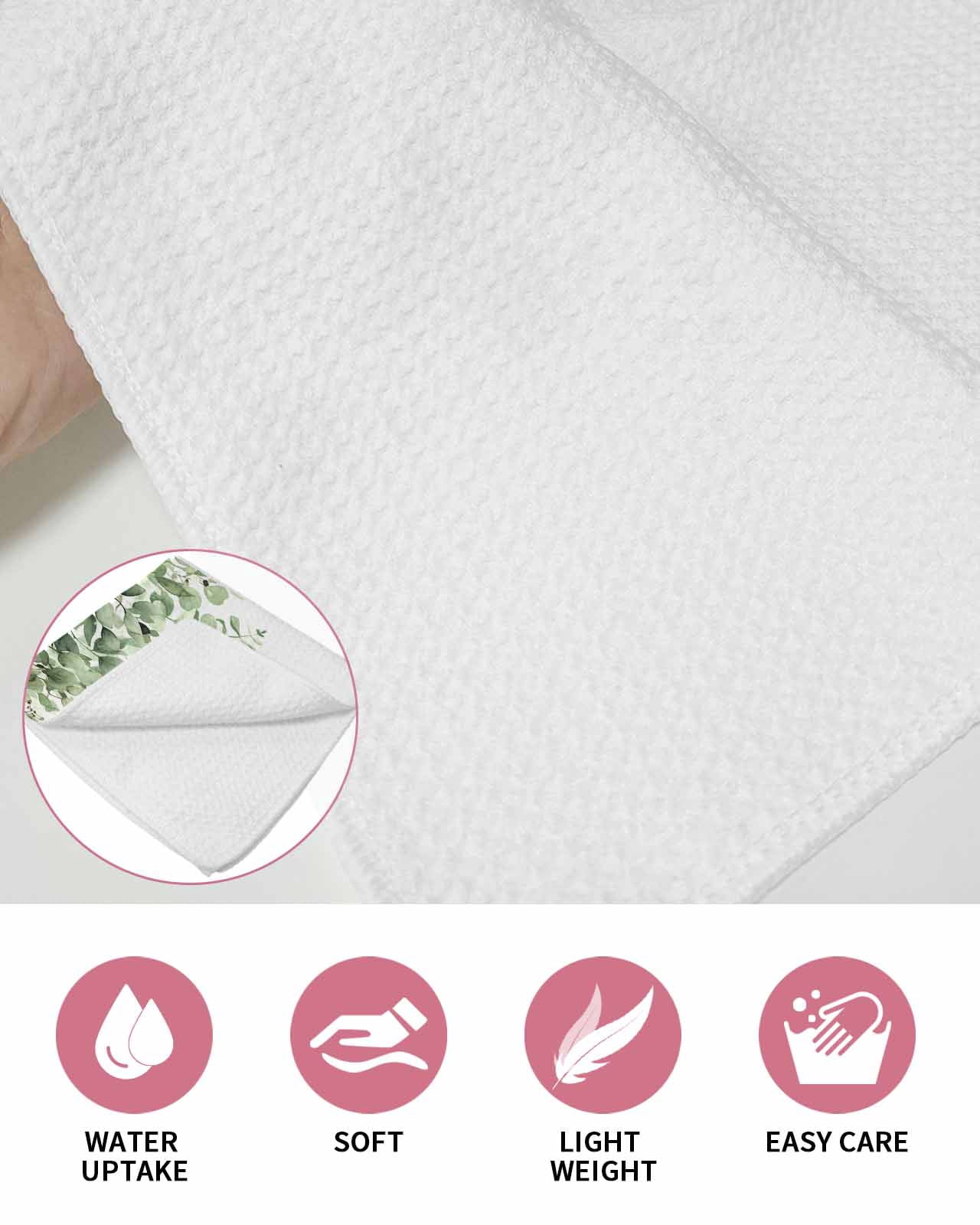 Sage Green Eucalyptus Leaves Hand Towels Set,Waffle Weave Kitchen Towels 3Pcs,Spring Summer Botanical Floral Microfiber Hair Face Bath Tea Towel Absorbent Cleaning Dish Cloths 15.7"x23.6"