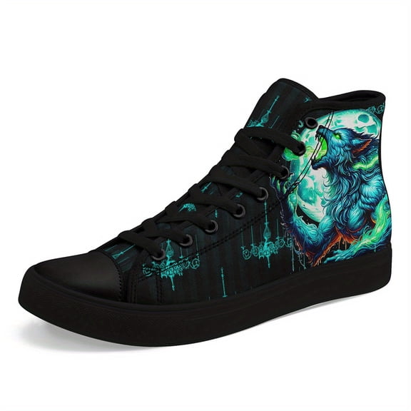 Coolcustomize Women's Halloween Wolf & Full Moon Graphic High-Top Sneakers - Black with Teal & Green, Lady Breathable Fabric Boots, Lace-Up Round Toe Casual Shoes for Concerts, Fantasy Graphic Shoes