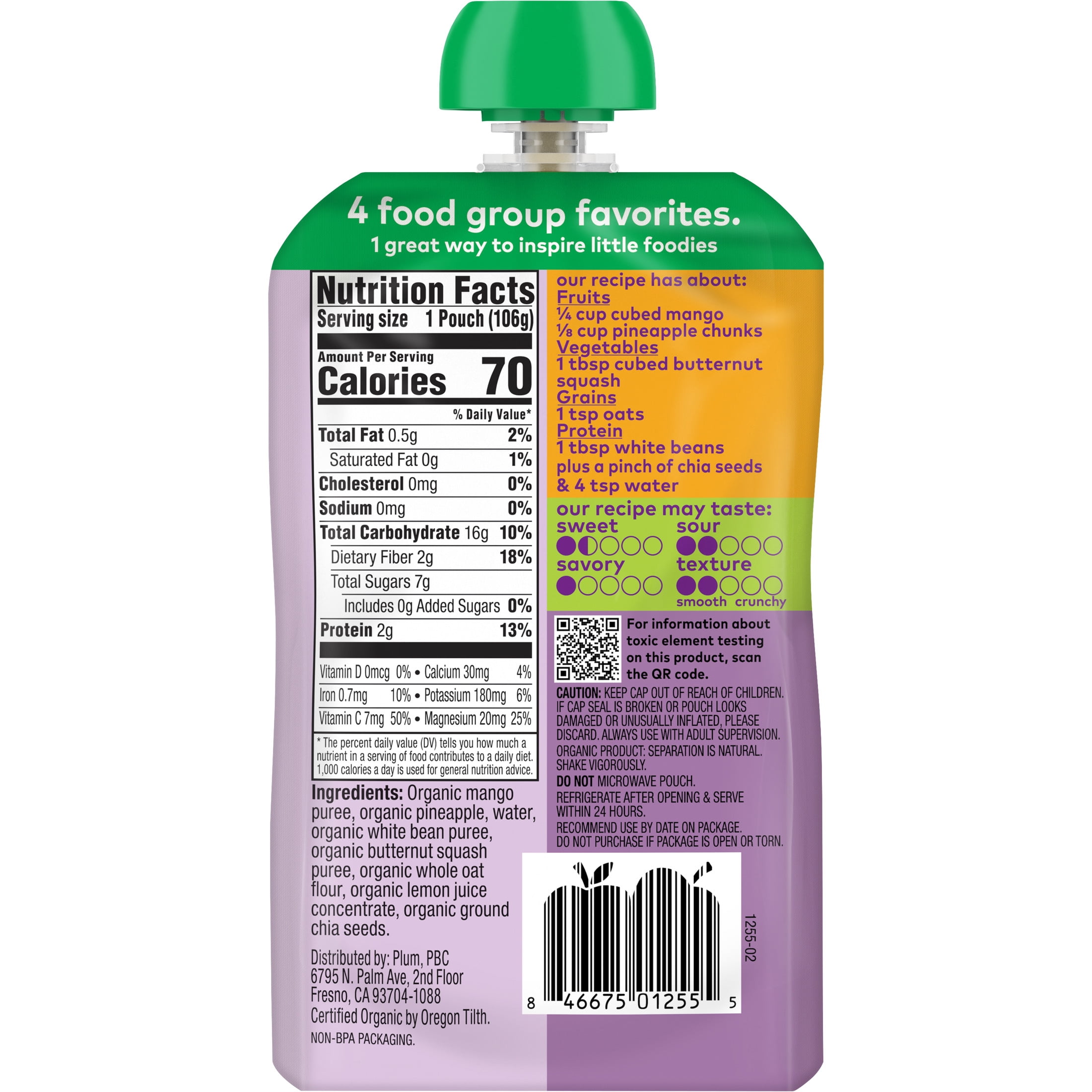 (12 pack) Plum Organics® Mighty 4 Food Group Blend Mango, Pineapple, White Bean, Butternut Squash + Oat 3.75oz Pouch