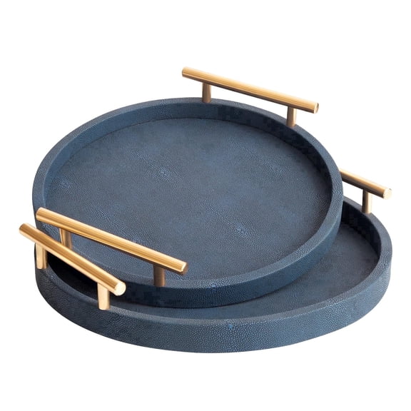MODE HOME Set of 2 Modern Blue Round Shagreen Serving Tray with Gold Metal Handles, Decorative Coffee Table Ottoman Trays for Living Room