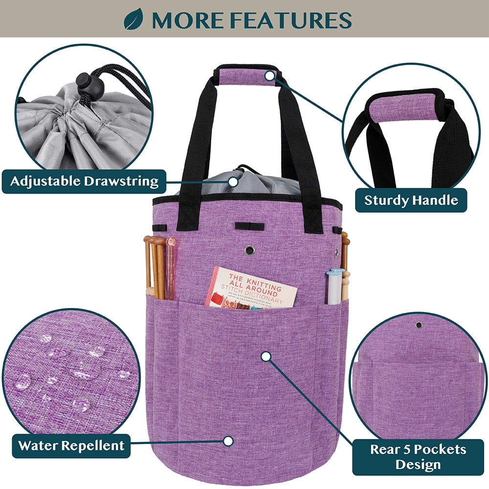PAVILIA Knitting Bag Crochet Organizer Bag, Yarn Storage Tote, Knitting Accessories Supplies, Yarn Holder For Knitting With Grommets, Needles Hooks Essentials, Crochet Project Case (Heather Purple)