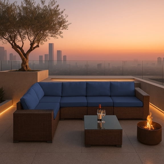 Junkai 6-Piece Wicker L-Shaped Outdoor Sectionals with Sofa and Coffee Table, Blue