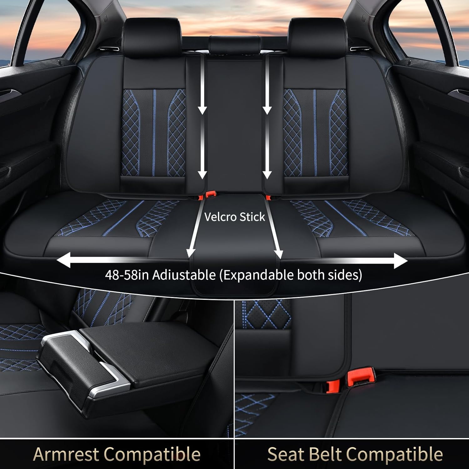 FLORICH Full Set Car Seat Covers, Premium Faux Leather Seat Protectors, Breathable Material Cushions Universal Fit for Most Cars, Black & Blue Line