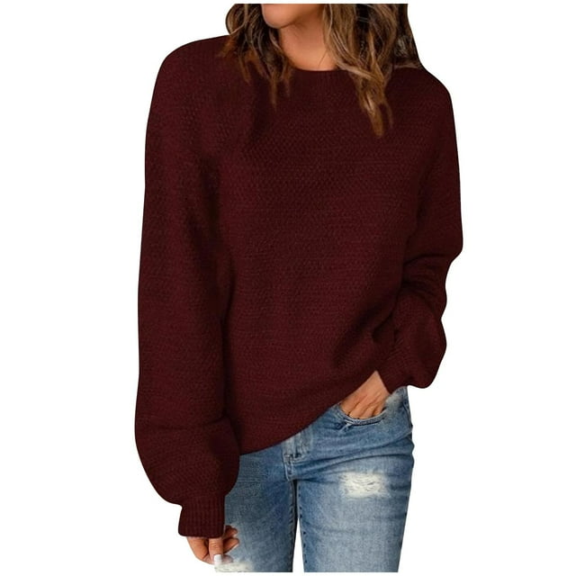 Pisexur Chandail à Col Rond Surdimensionné pour Femme, Uni, Manches Chauve-Souris Bouffantes à Revers, Chandail Tricoté, Haut à Manches Longues, Chandail Ample d'Automne, Chandail, Jumper, Hauts