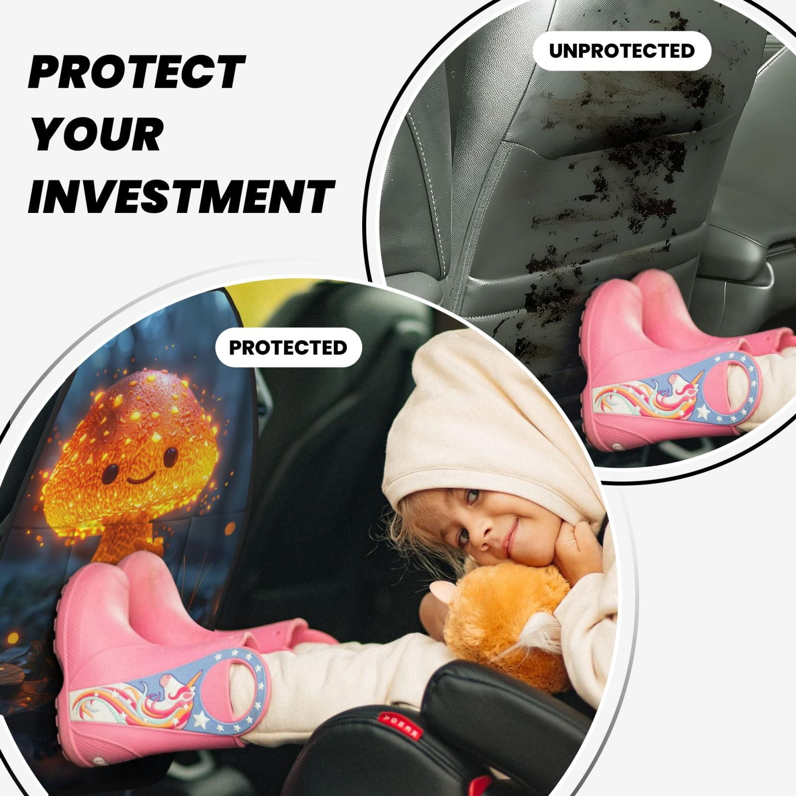 Xecao Glowing Mushroom In Forest Pattern Car Seat Back Protector 2 Pack Large Capacity Pocket, Kick Mats Back Seat Protector