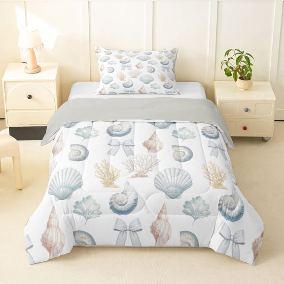 Manfei Kawaii Coquette Bow Twin Comforter Sets,Cartoon Sea Seashell Bedding Set,White,Light Gray Reversible,2pcs,1 Comforter and 1 Pillowcase